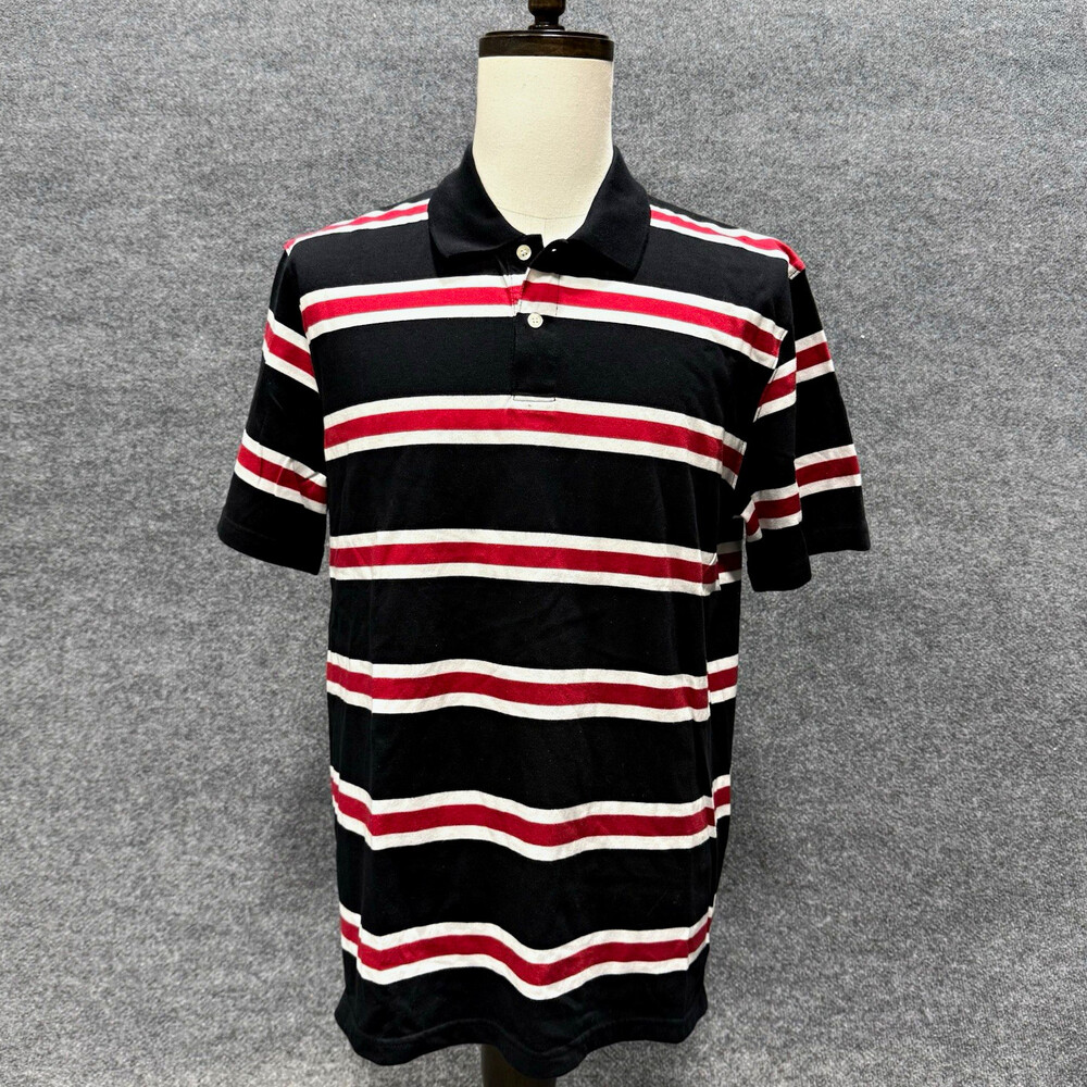 Bugle Boy Mens Large Polo Shirt Black Red White Striped Retro Y2K Short Sleeve